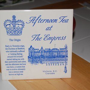 Collectable Vintage Ceramic Tile - "The Origin of Afternoon Tea"  Blue/White 6x6